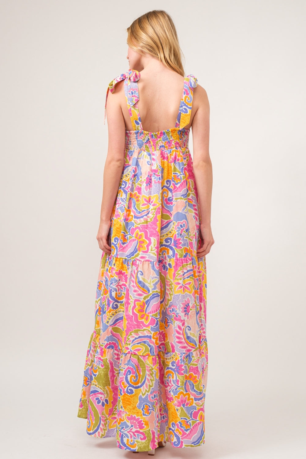 And The Why Full Size Printed Tie Shoulder Tiered Maxi Dress - The Beaucoup Home