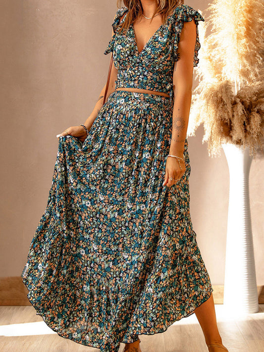 V-Neck Maxi Floral Skirt Set