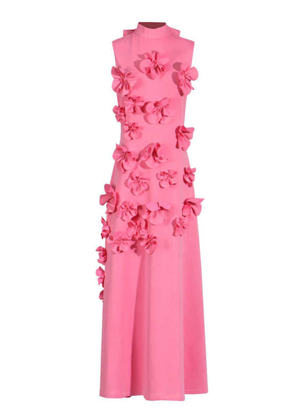 Women's Collar Sleeveless Three-Dimensional Flower Maxi Dress