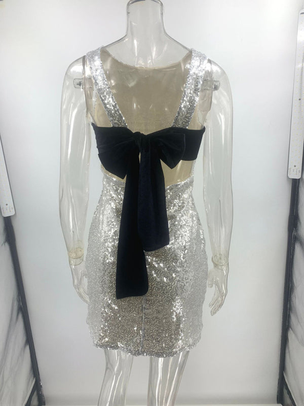 Sleeveless Fitted Backless Bow Sequin Mini Dress