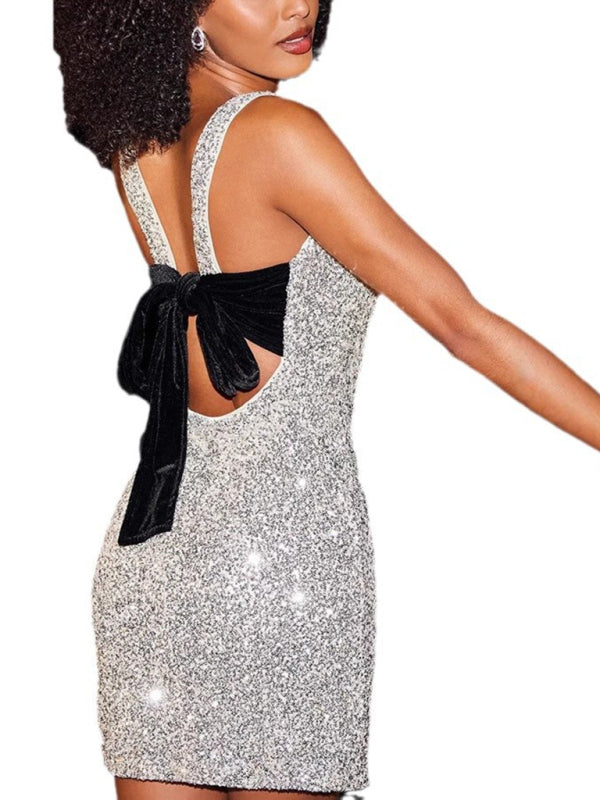 Sleeveless Fitted Backless Bow Sequin Mini Dress