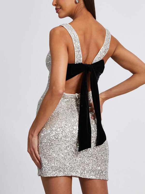 Sleeveless Fitted Backless Bow Sequin Mini Dress