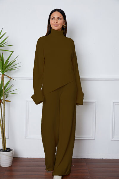 Turtleneck Dropped Shoulder Top and Pants Sweater Set - The Beaucoup Home