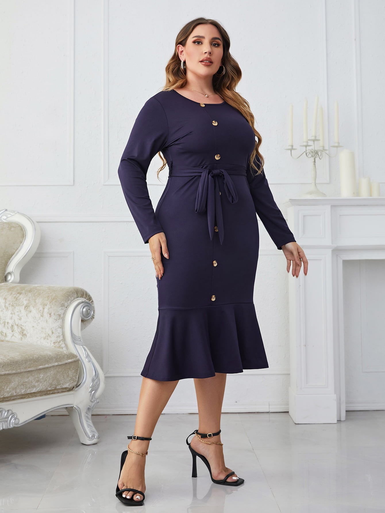 Melo Apparel Plus Size Buttoned Round Neck Tie Belt Midi Dress - The Beaucoup Home