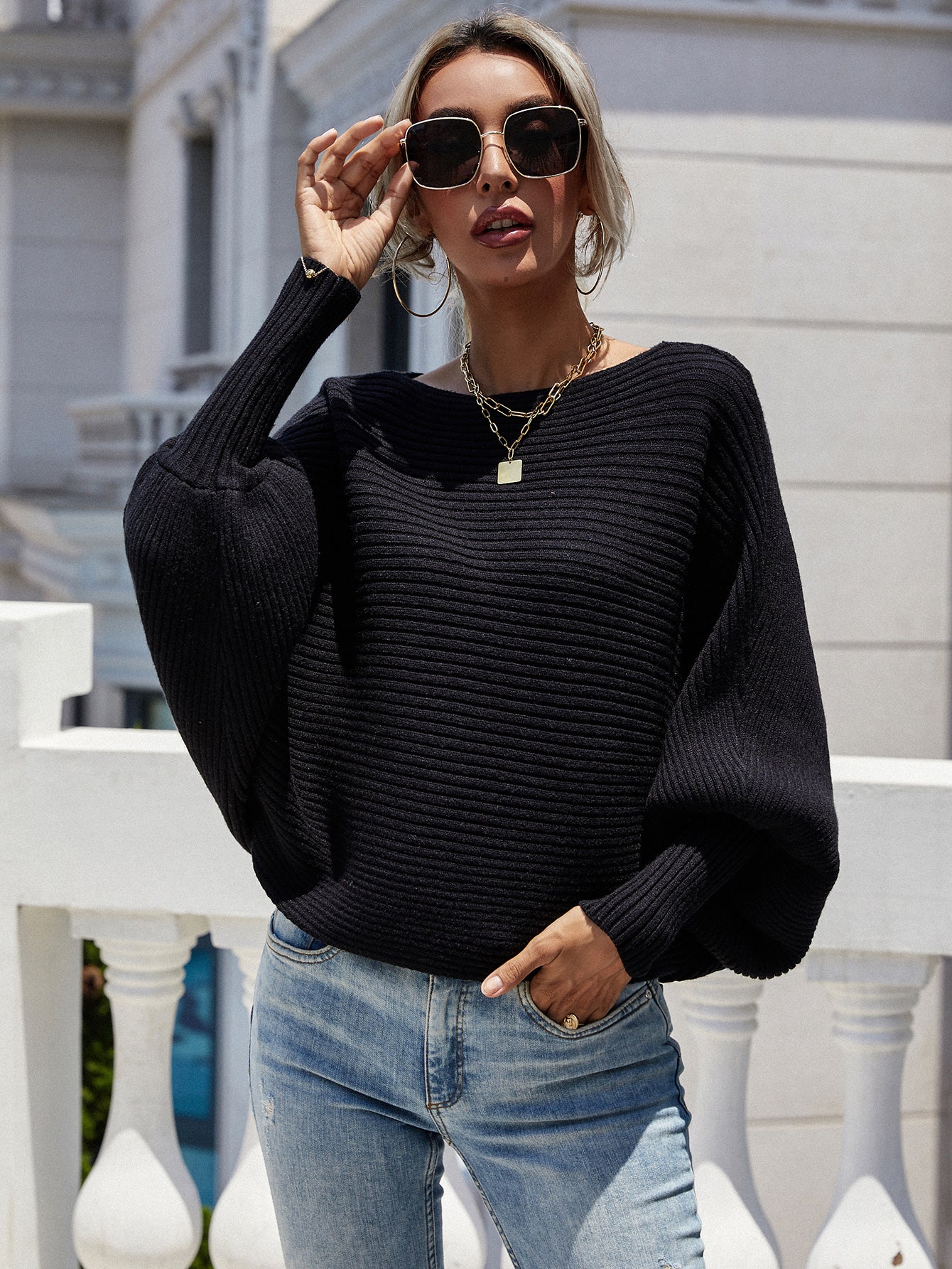 Horizontal Ribbing Dolman Sleeve Sweater - The Beaucoup Home