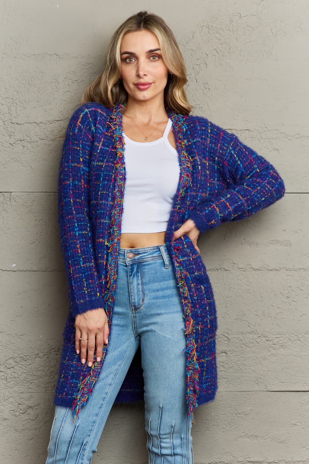 Plaid Fringe Trim Open Front Longline Cardigan - The Beaucoup Home