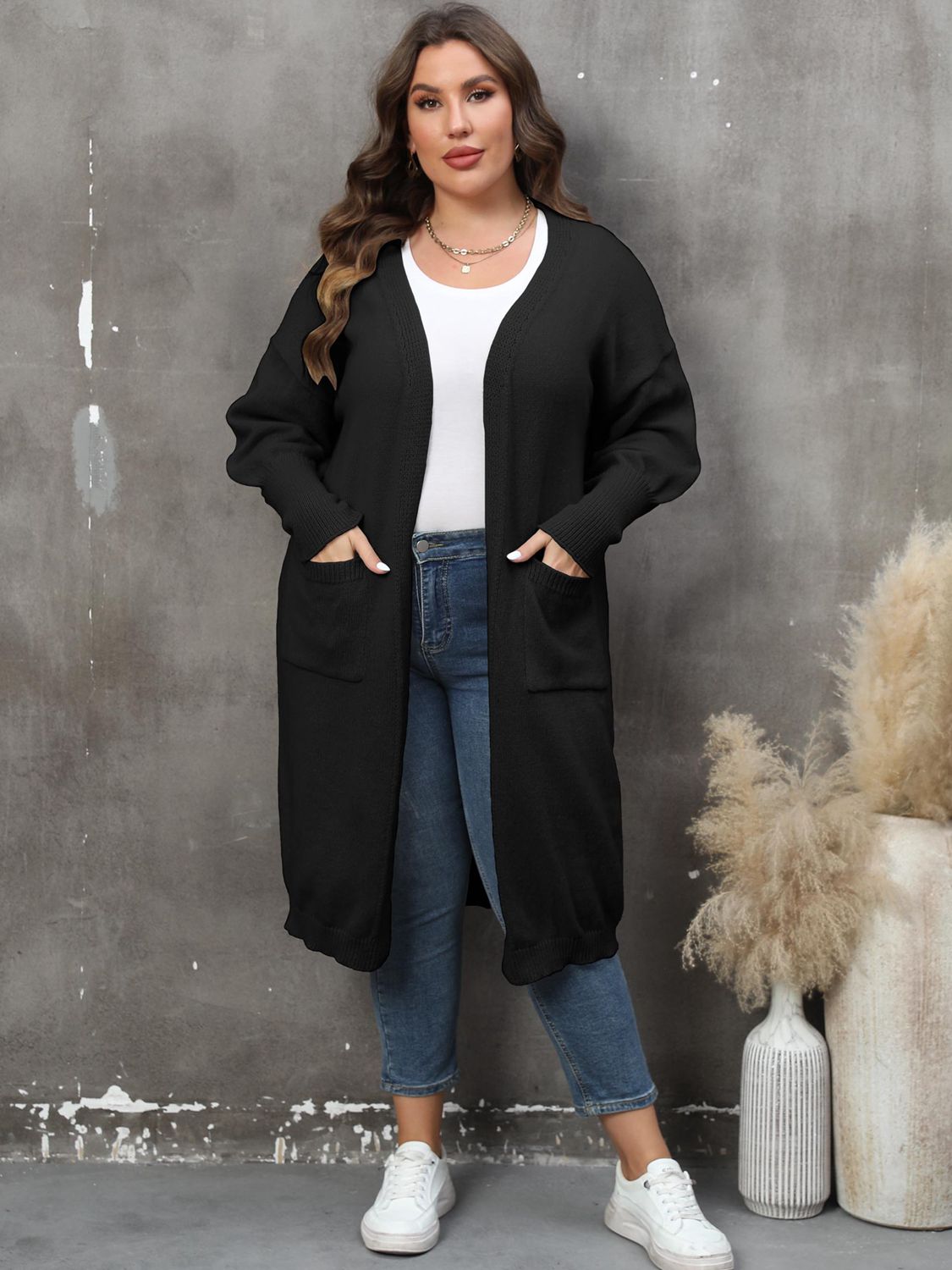 Plus Size Long Sleeve Pocketed Cardigan - The Beaucoup Home