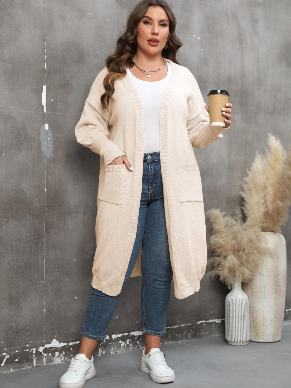 Plus Size Long Sleeve Pocketed Cardigan - The Beaucoup Home