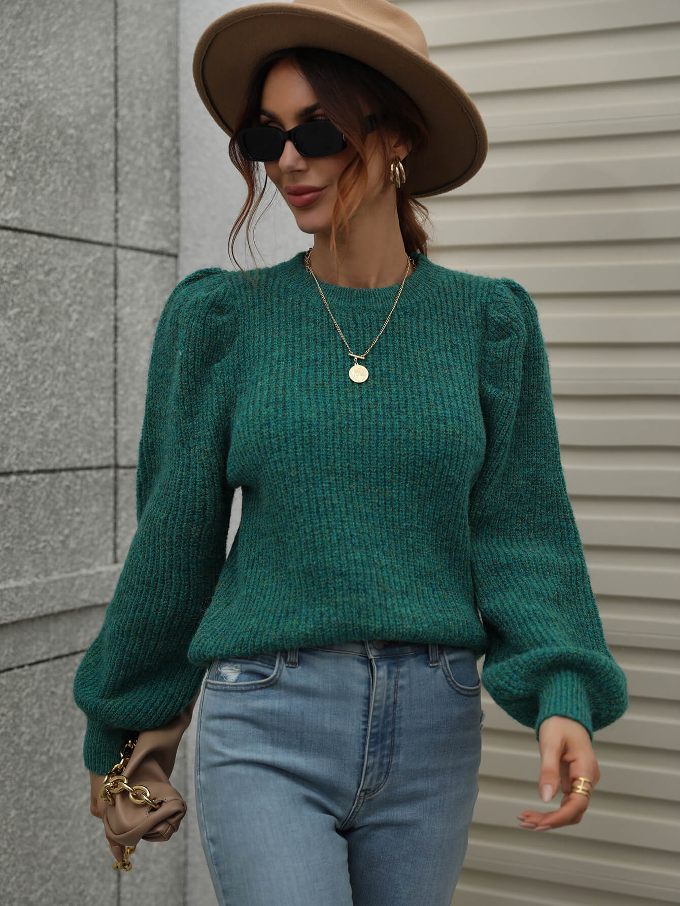 Woven Right Heathered Long Lantern Sleeve Rib-Knit Sweater - The Beaucoup Home