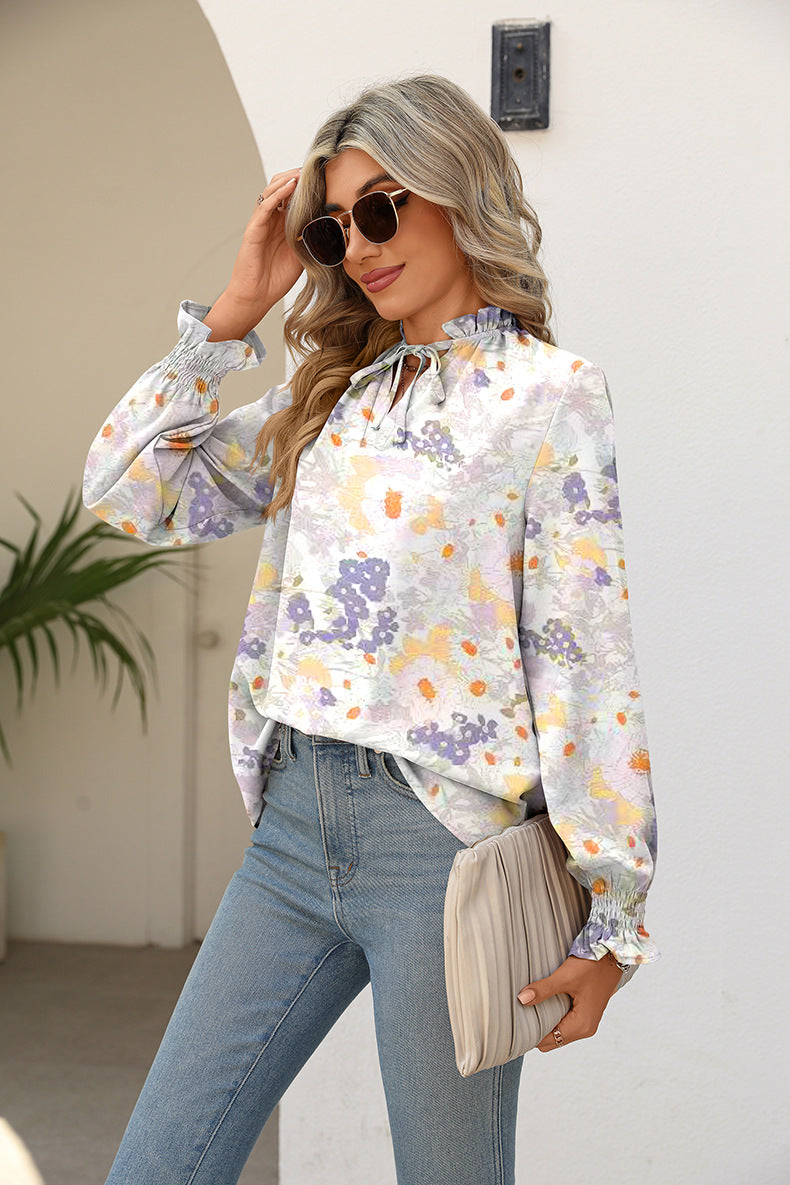 Printed Tie Neck Flounce Sleeve Blouse - The Beaucoup Home