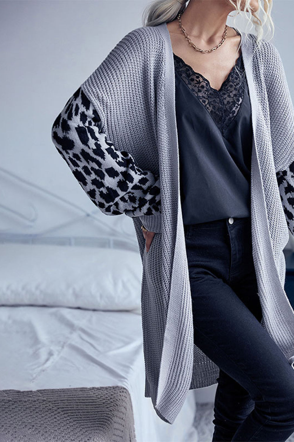 Leopard Sleeves Waffle Knit Open Front Cardigan - The Beaucoup Home