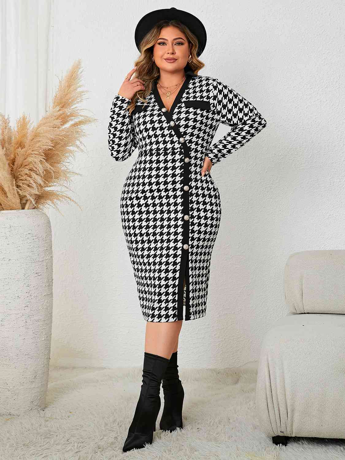 Plus Size Houndstooth Long Sleeve Slit Dress - The Beaucoup Home