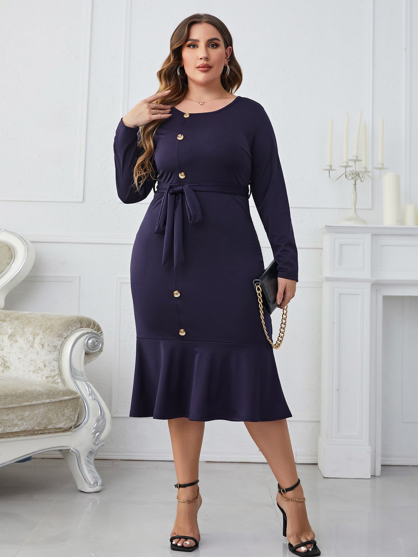 Melo Apparel Plus Size Buttoned Round Neck Tie Belt Midi Dress - The Beaucoup Home