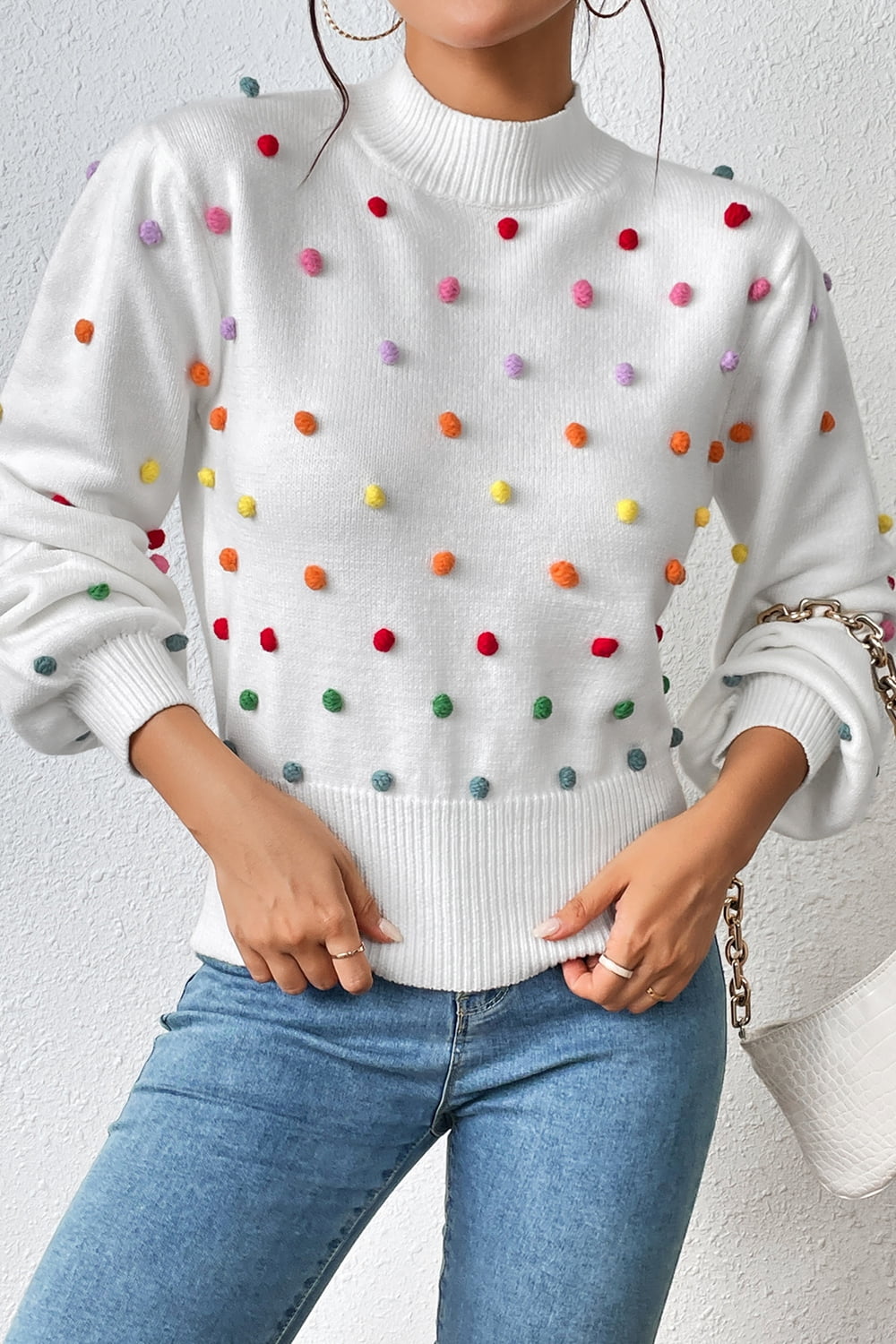 Pom-Pom Trim Mock Neck Long Sleeve Pullover Sweater - The Beaucoup Home