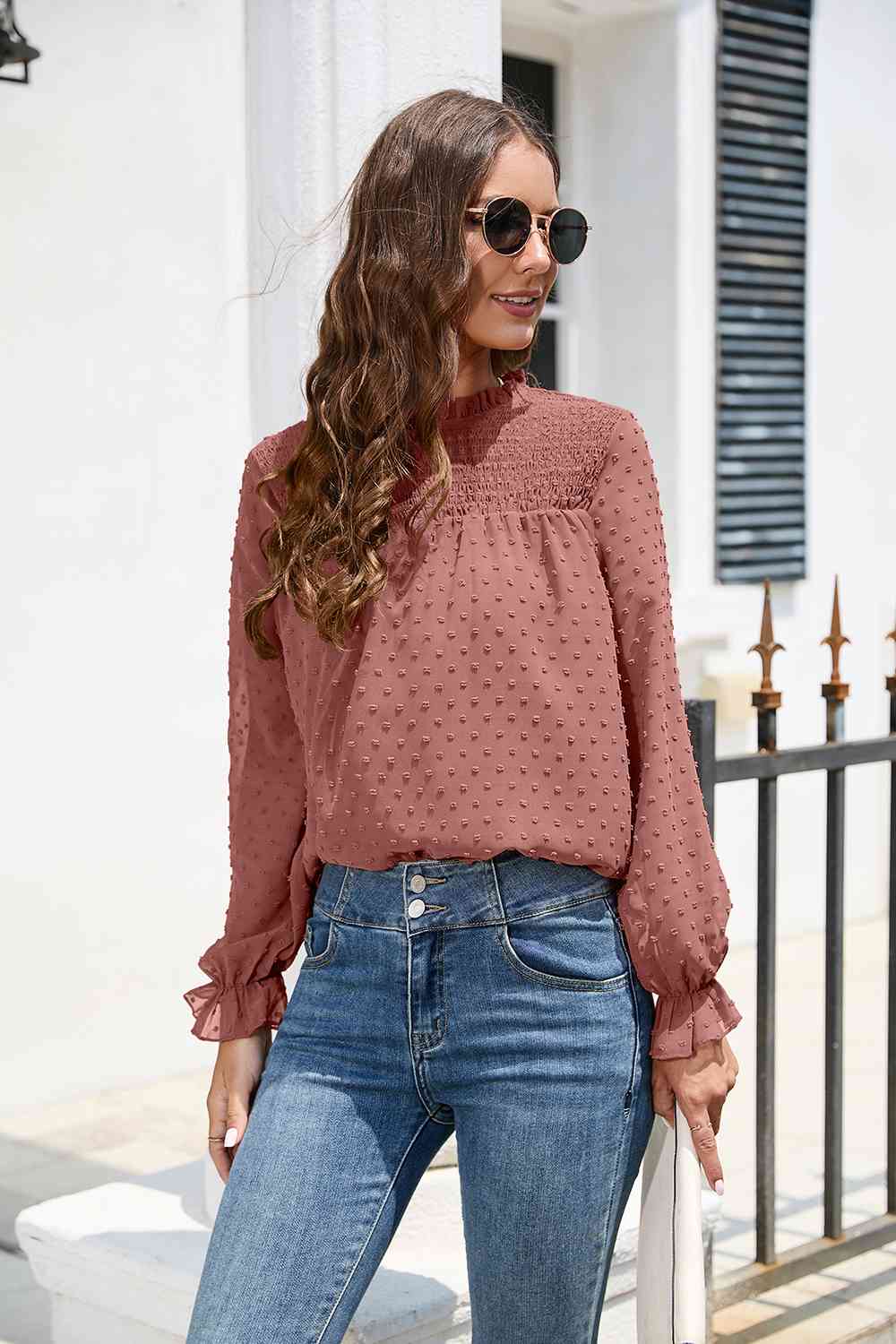 Smocked Mock Neck Swiss Dot Top - The Beaucoup Home