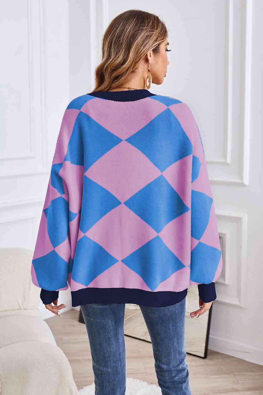 Geometric Lantern Sleeve Cardigan with Pockets - The Beaucoup Home