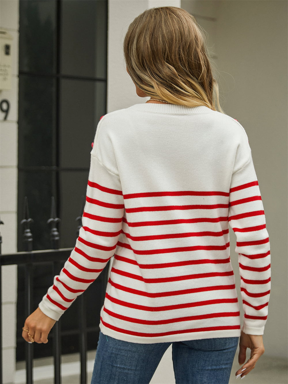 Round Neck Shoulder Button Striped Pullover Sweater - The Beaucoup Home