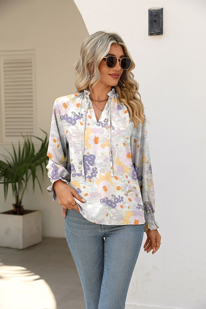 Printed Tie Neck Flounce Sleeve Blouse - The Beaucoup Home