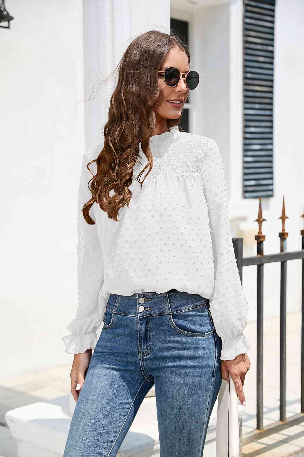 Smocked Mock Neck Swiss Dot Top - The Beaucoup Home