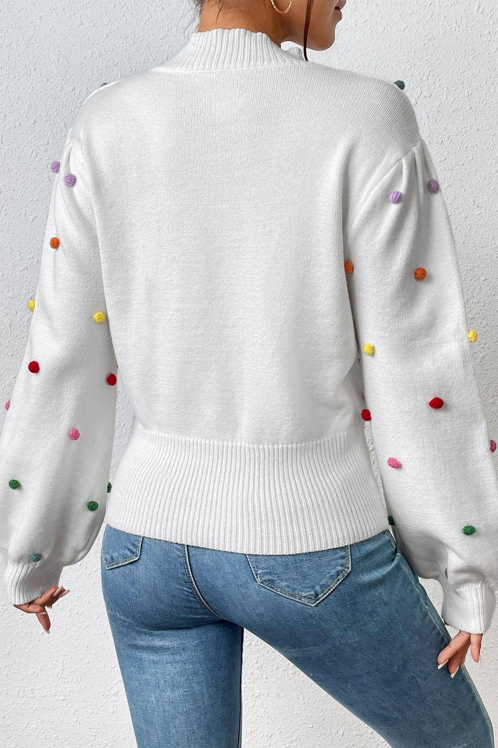 Pom-Pom Trim Mock Neck Long Sleeve Pullover Sweater - The Beaucoup Home