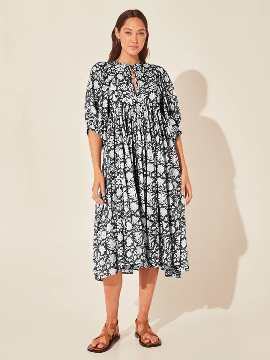 Floral Tie Neck Lantern Sleeve Dress - The Beaucoup Home