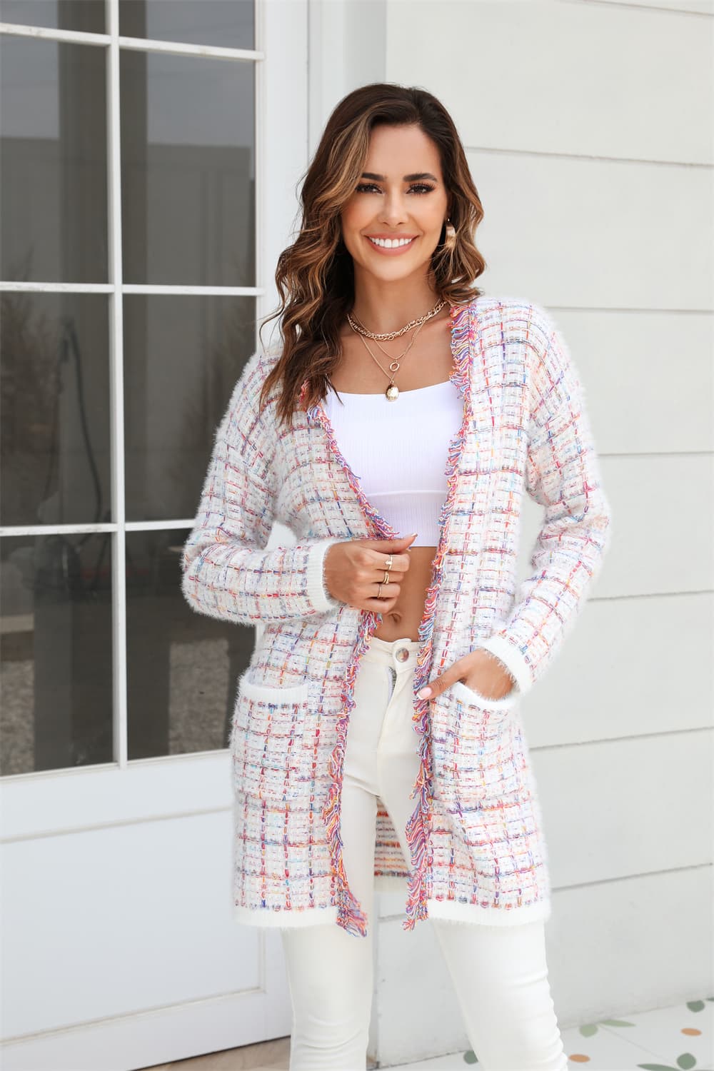 Plaid Fringe Trim Open Front Longline Cardigan - The Beaucoup Home