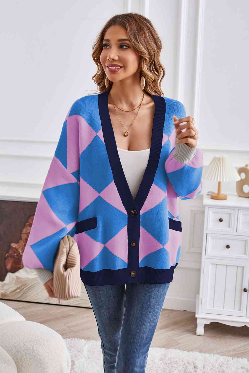 Geometric Lantern Sleeve Cardigan with Pockets - The Beaucoup Home