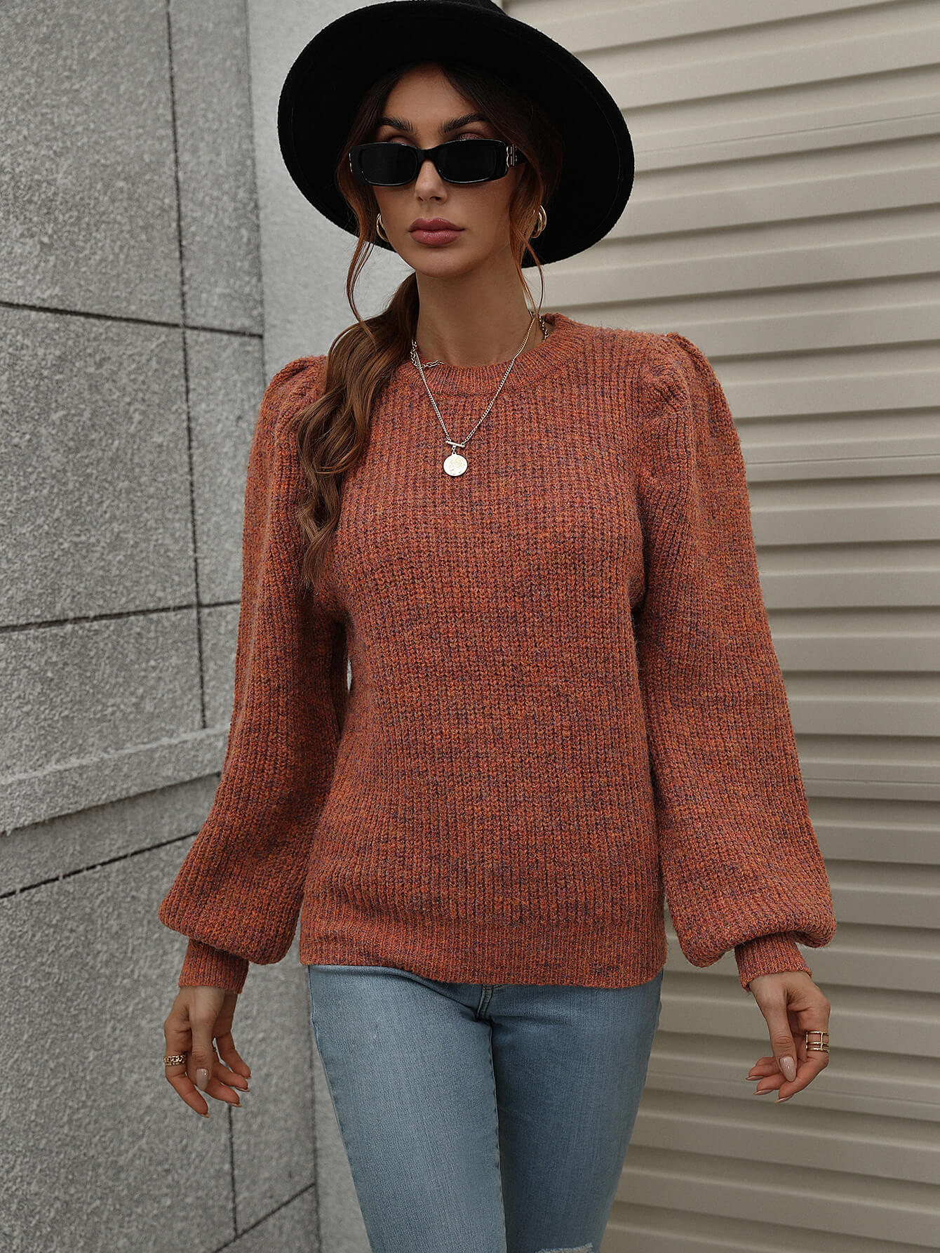 Woven Right Heathered Long Lantern Sleeve Rib-Knit Sweater - The Beaucoup Home