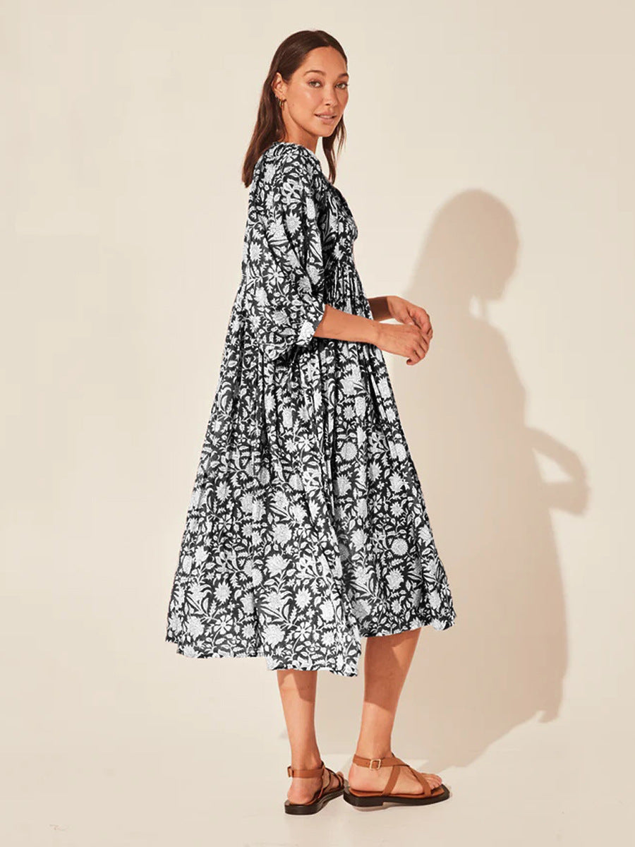 Floral Tie Neck Lantern Sleeve Dress - The Beaucoup Home