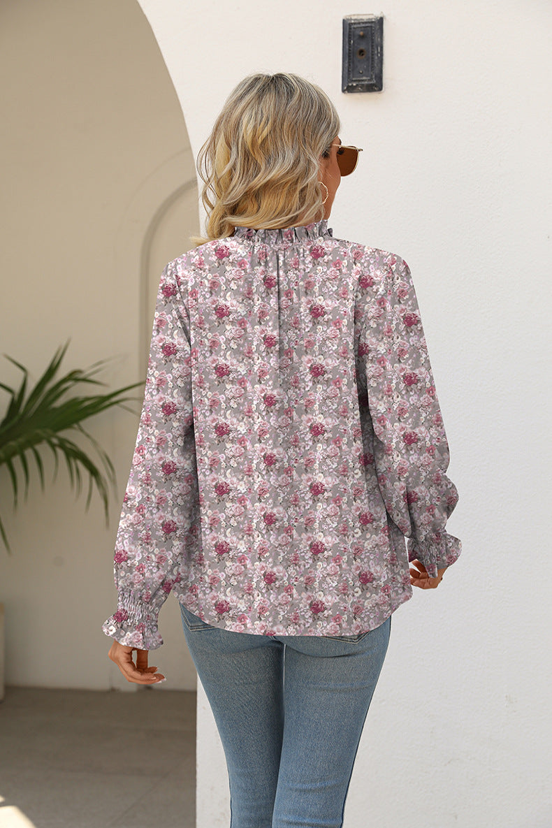 Printed Tie Neck Flounce Sleeve Blouse - The Beaucoup Home