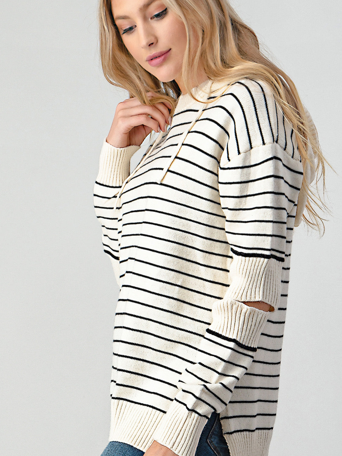 Striped Cutout Slit Sweater - The Beaucoup Home