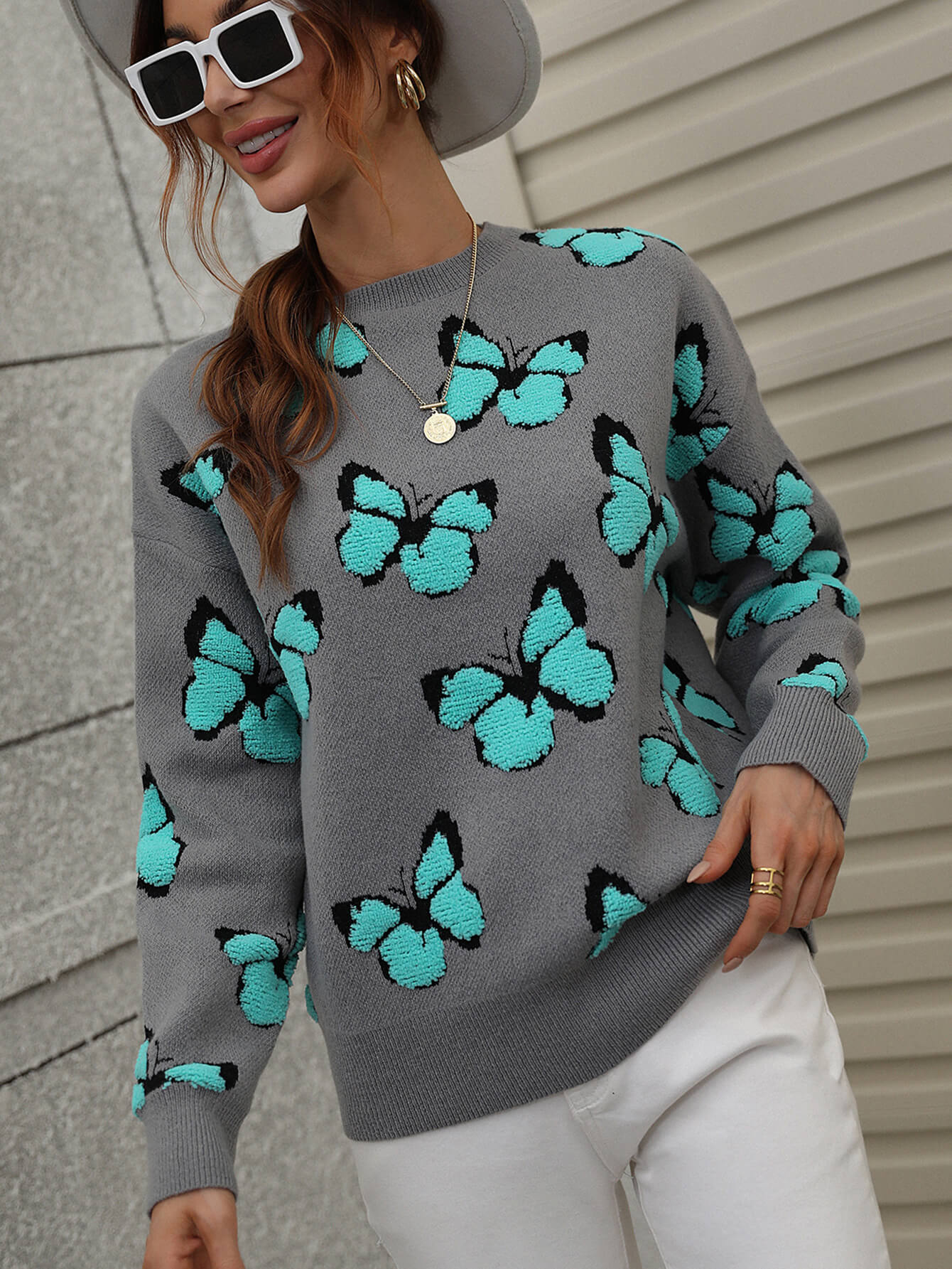 Woven Right Butterfly Dropped Shoulder Crewneck Sweater - The Beaucoup Home