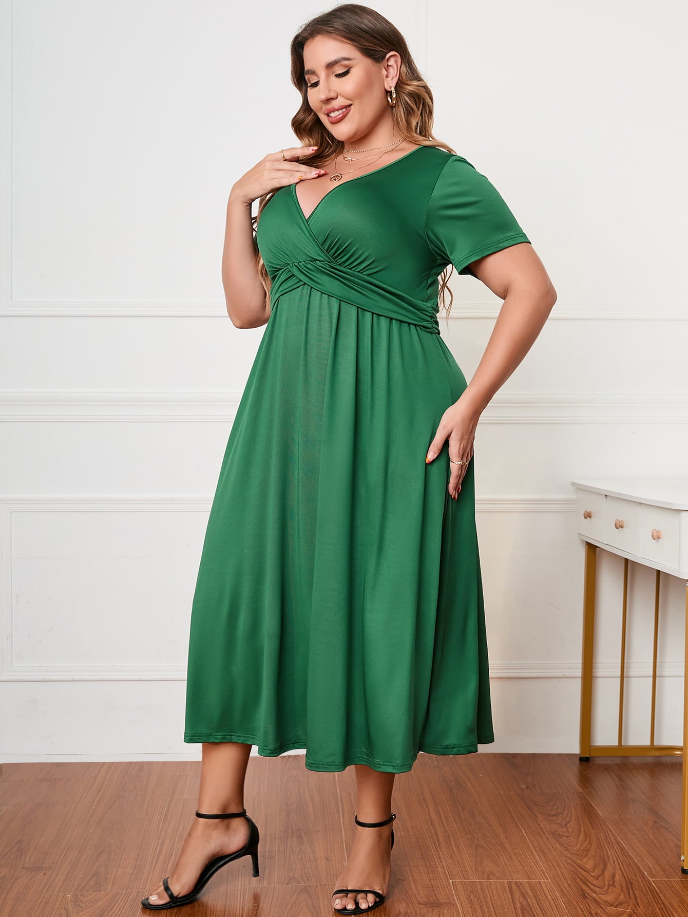 Plus Size Short Sleeve Surplice Neck Midi Dress - The Beaucoup Home