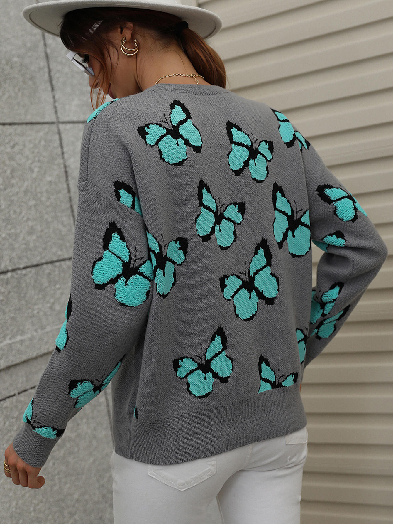 Woven Right Butterfly Dropped Shoulder Crewneck Sweater - The Beaucoup Home