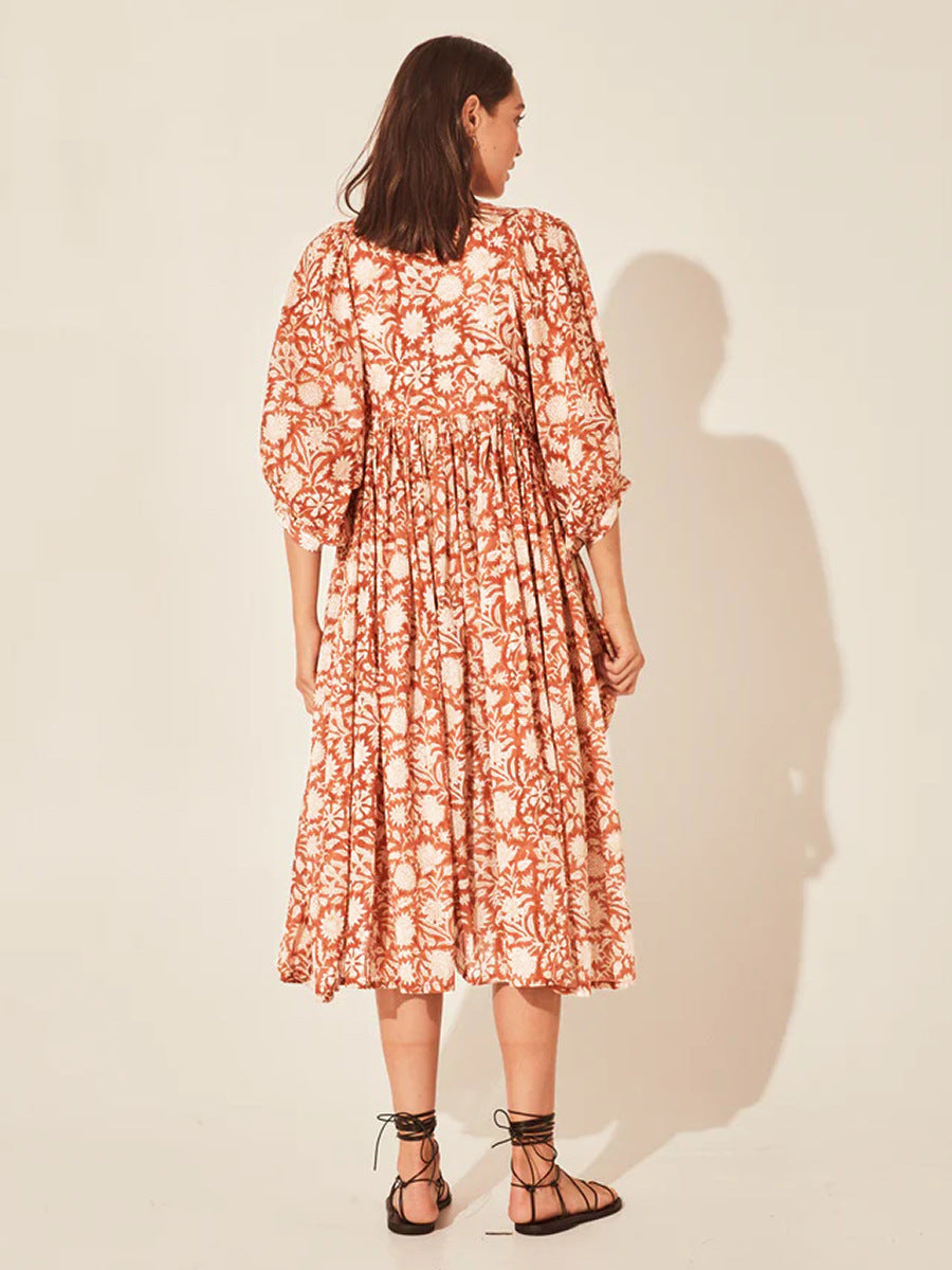 Floral Tie Neck Lantern Sleeve Dress - The Beaucoup Home