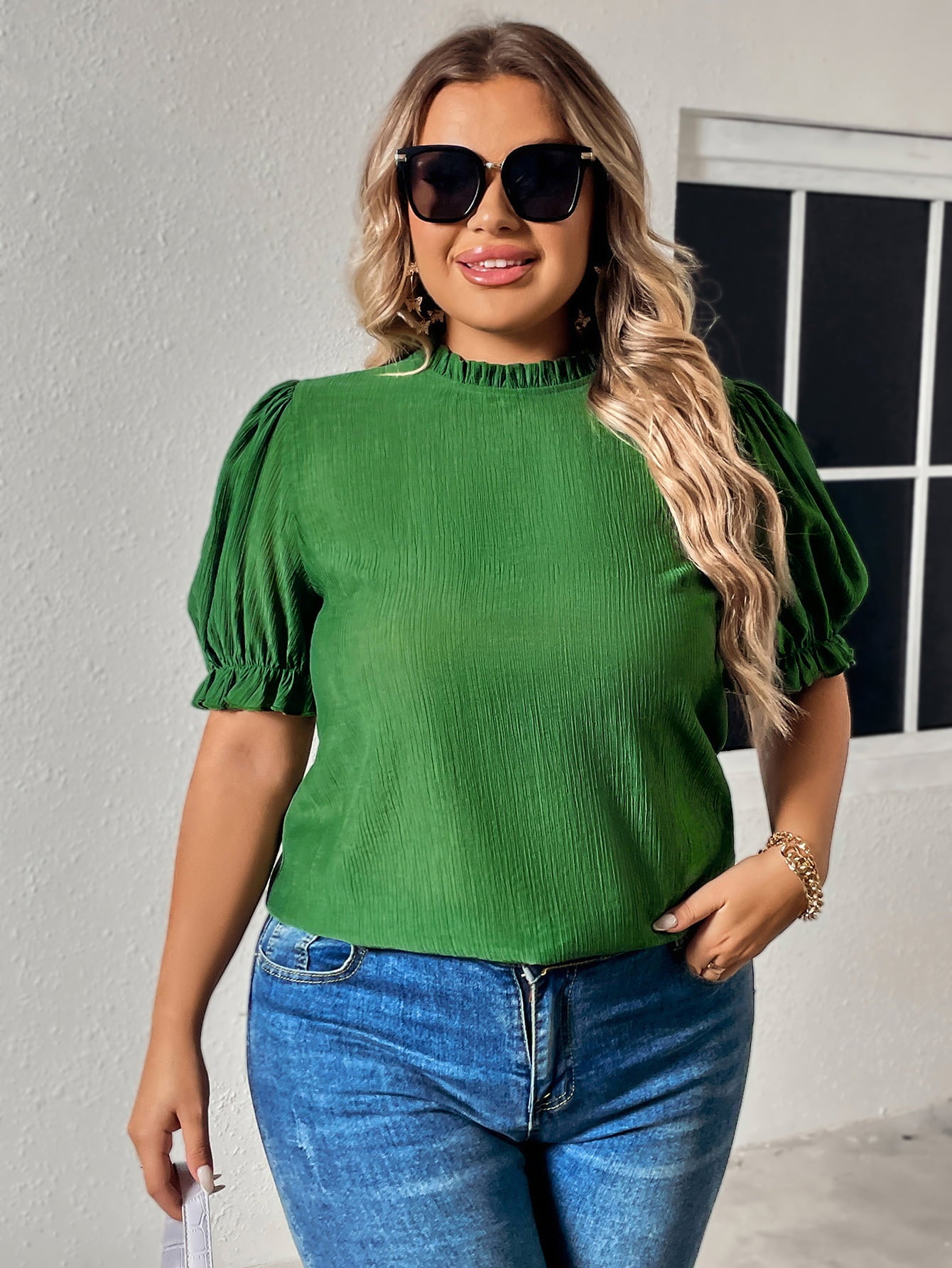 Plus Size Round Neck Flounce Sleeve Blouse - The Beaucoup Home