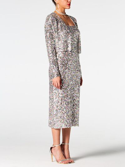 Sequin Cardigan and Straight Dress Set - The Beaucoup Home