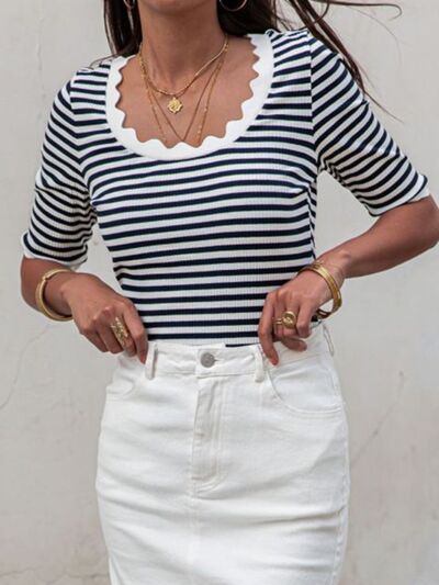 Striped Round Neck Half Sleeve T-Shirt - The Beaucoup Home