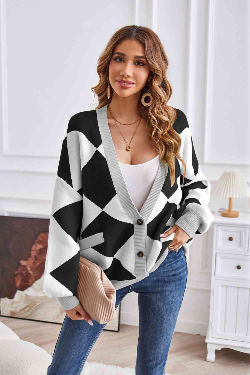 Geometric Lantern Sleeve Cardigan with Pockets - The Beaucoup Home