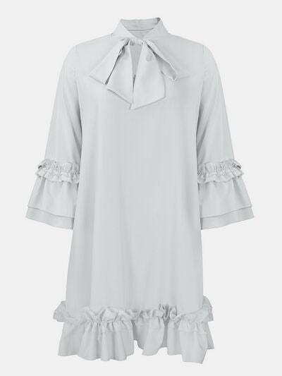 Frill Tie Neck Three-Quarter Sleeve Dress - The Beaucoup Home