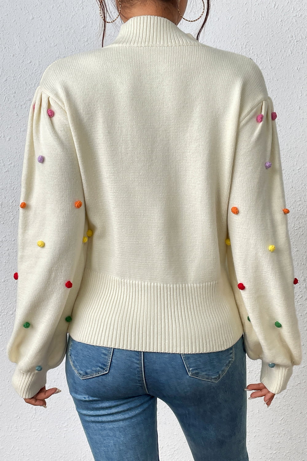 Pom-Pom Trim Mock Neck Long Sleeve Pullover Sweater - The Beaucoup Home