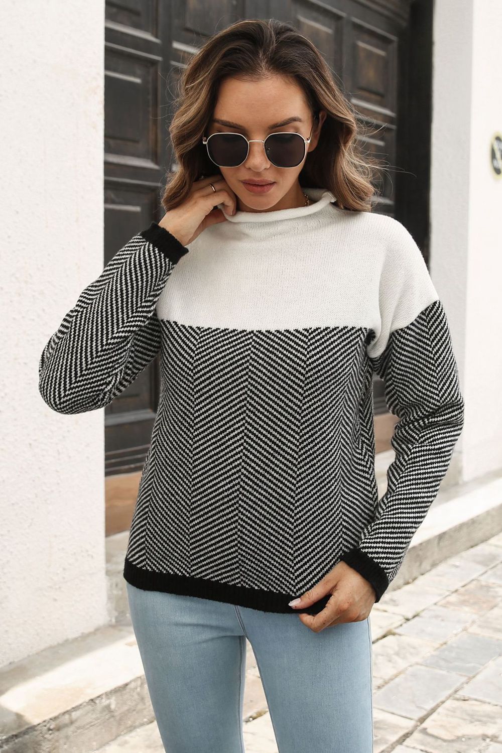 Two-Tone Mock Neck Dropped Shoulder Pullover Sweater - The Beaucoup Home