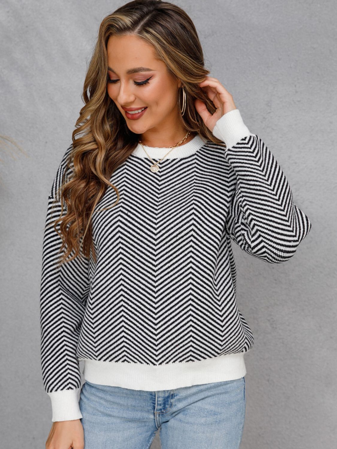 Chevron Ribbed Trim Dropped Shoulder Knit Pullover - The Beaucoup Home