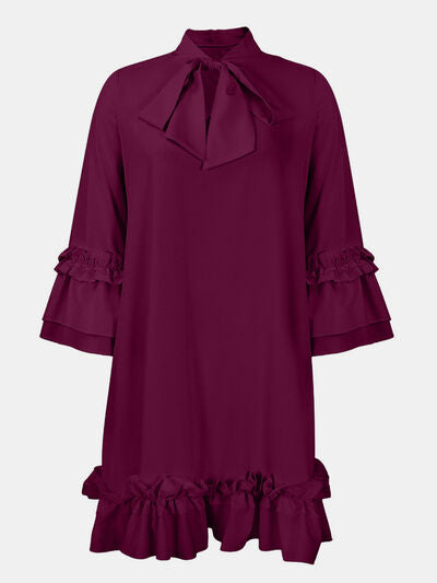 Frill Tie Neck Three-Quarter Sleeve Dress - The Beaucoup Home