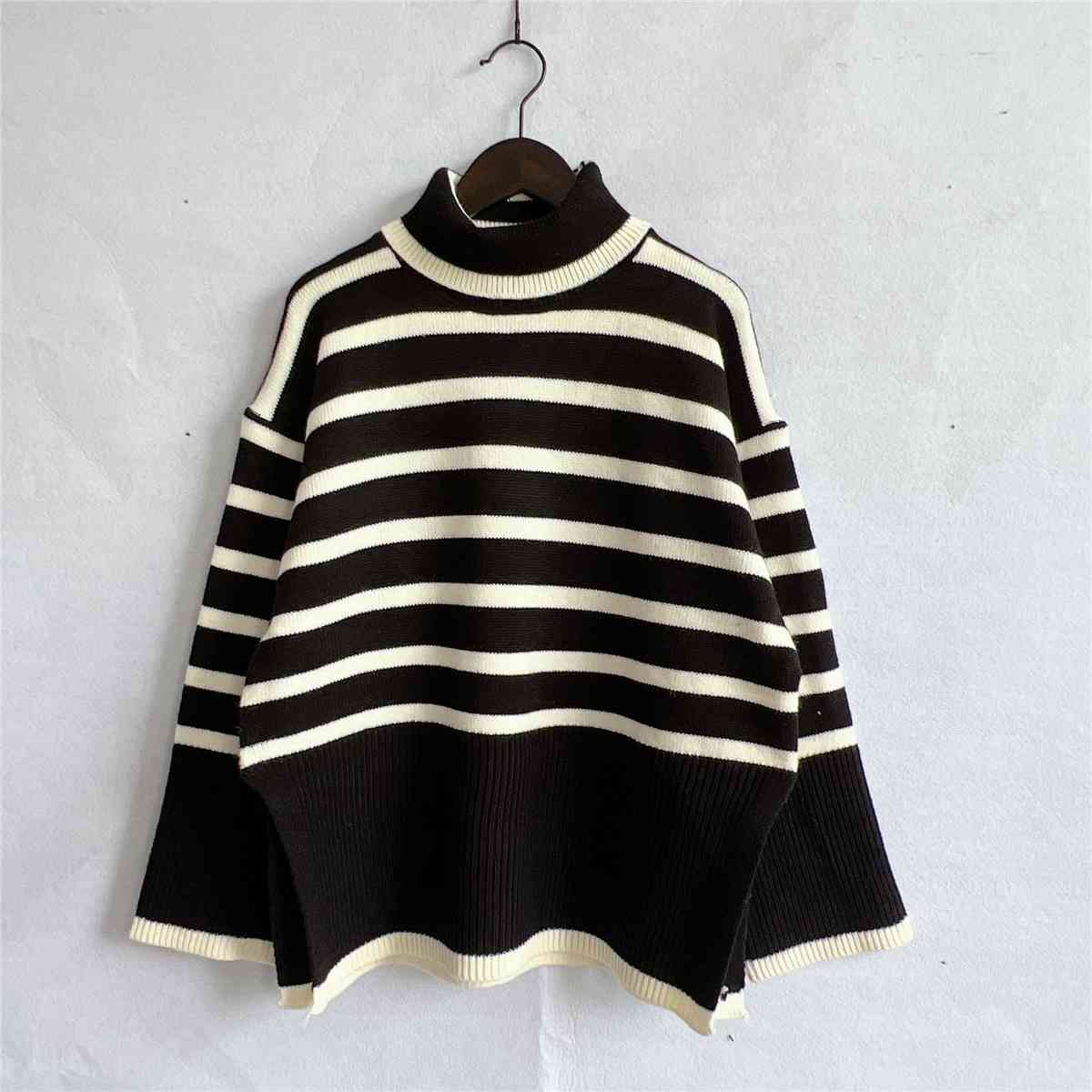 Striped Turtleneck Flare Sleeve Sweater - The Beaucoup Home