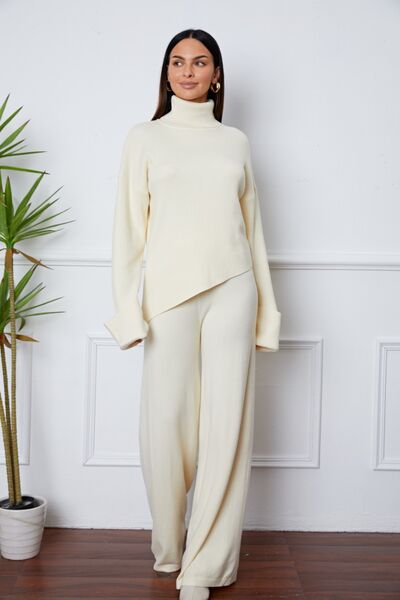 Turtleneck Dropped Shoulder Top and Pants Sweater Set - The Beaucoup Home