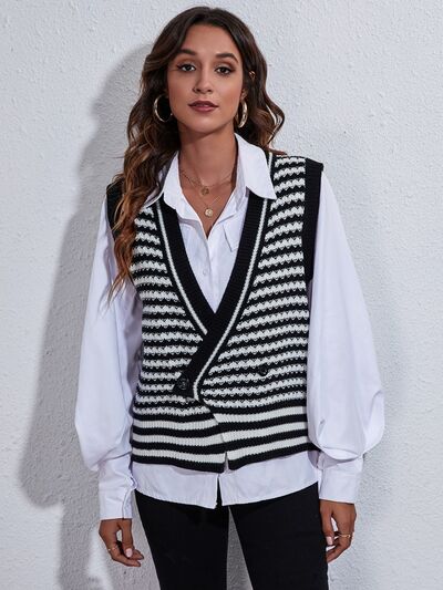 Striped Button Up V-Neck Sweater Vest - The Beaucoup Home