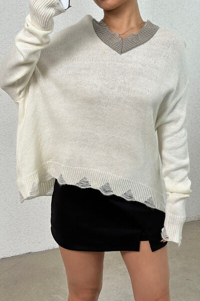 Distressed V-Neck Dropped Shoulder Sweater - The Beaucoup Home