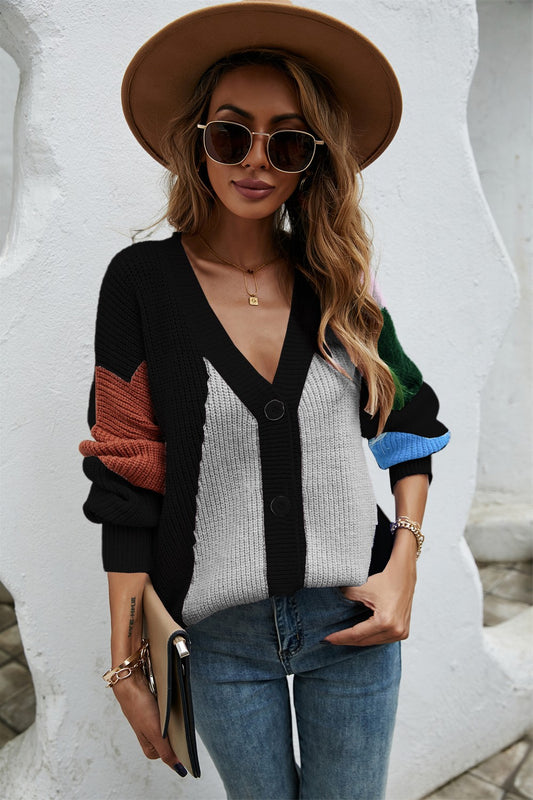 Contrast Button Front V-Neck Cardigan - The Beaucoup Home