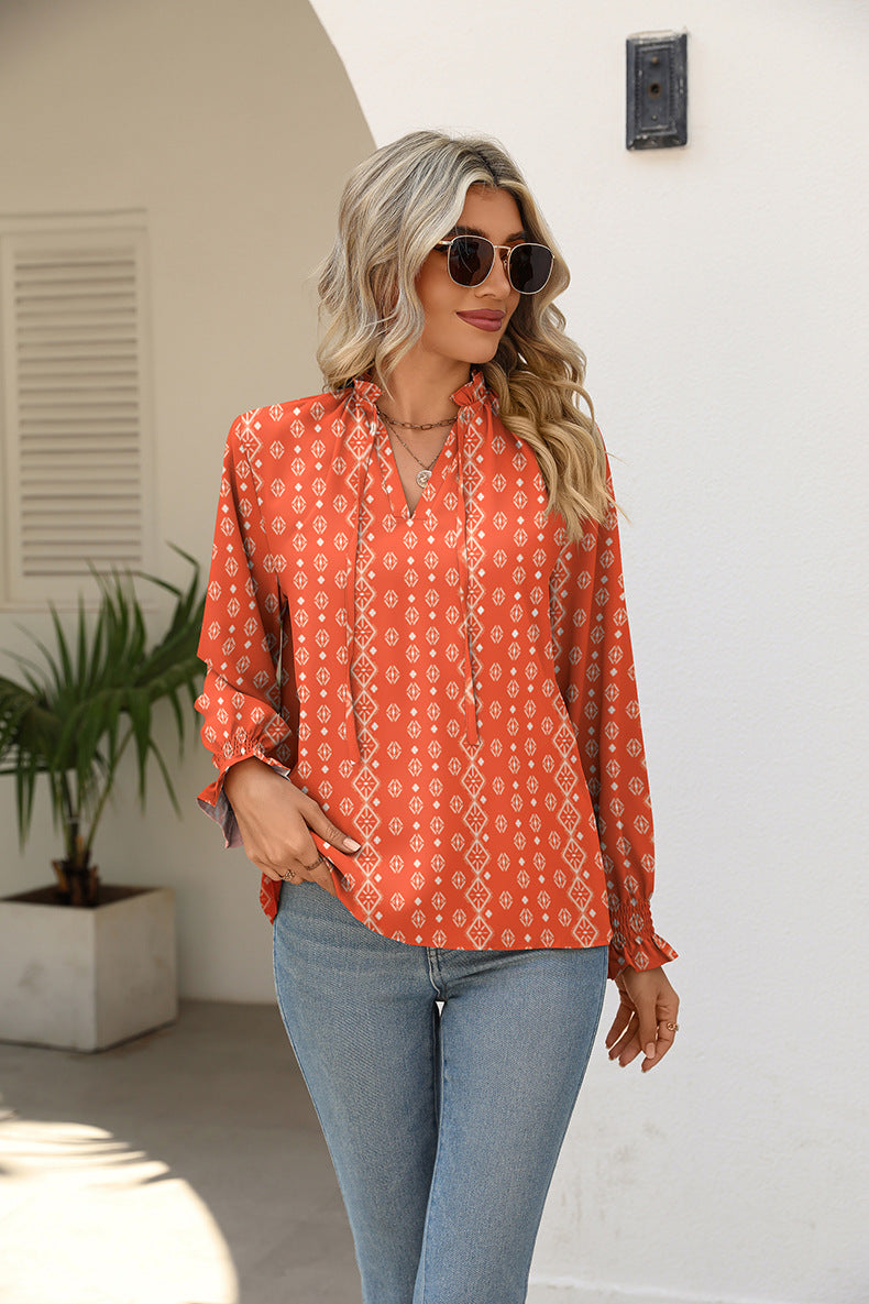 Printed Tie Neck Flounce Sleeve Blouse - The Beaucoup Home